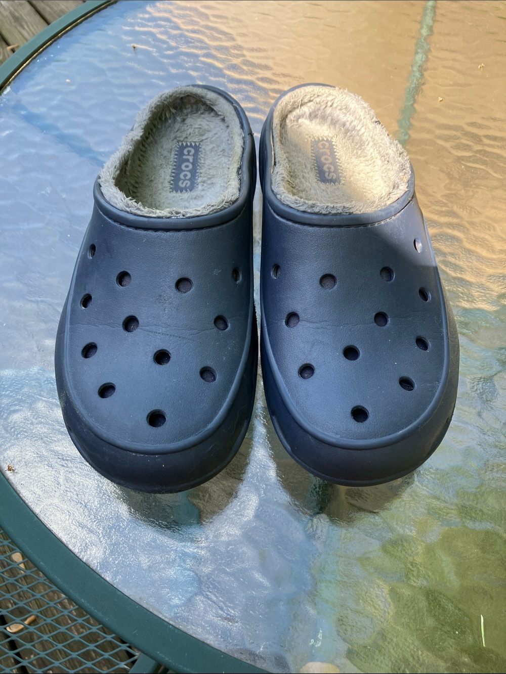 Crocs Faux Fur Lined Women’s Sz 11 Blue Sleek Strap Free Slip On